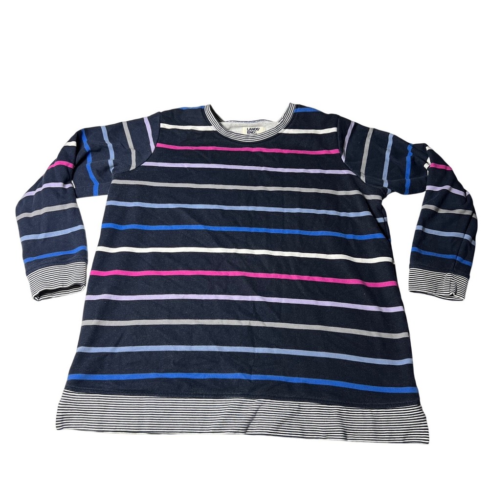 Lands End Serious Sweats Striped Sweatshirt Navy Pink Blue Womens 1X 16W-18W